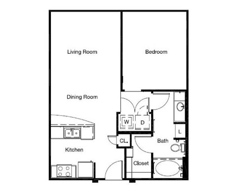 Floor plan for 1 bed, 1 bath, 702 sqft